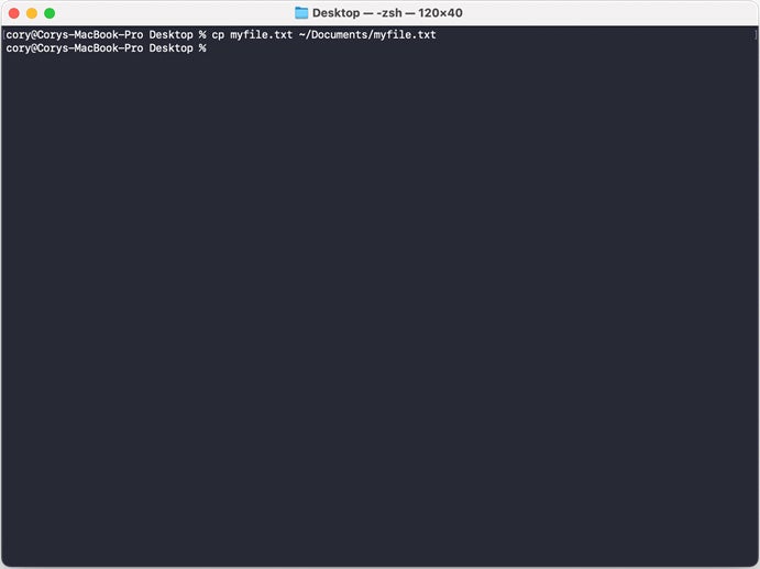 The cp terminal command prompt in Mac.