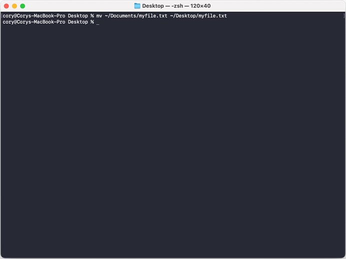 The mv terminal command prompt in Mac.