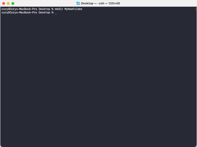 The mkdir terminal command prompt in Mac.