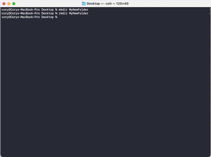 The rmdir terminal command prompt in Mac.
