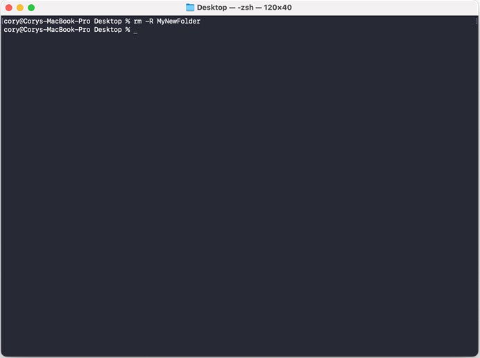 The rm -R terminal command prompt in Mac.