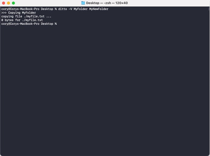 The ditto terminal command prompt in Mac.