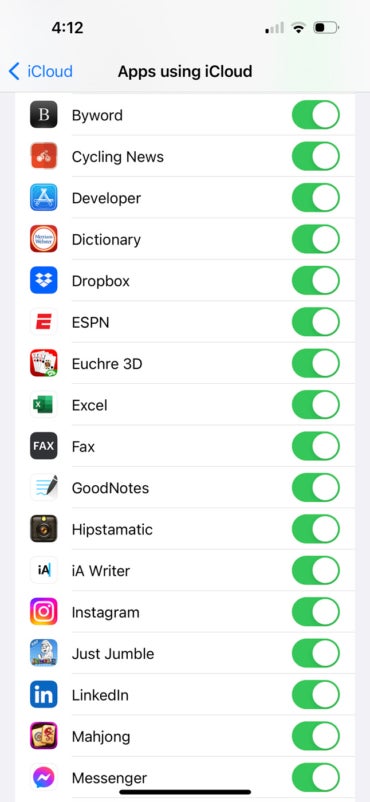Screencapture showing iCloud app synchronization settings.