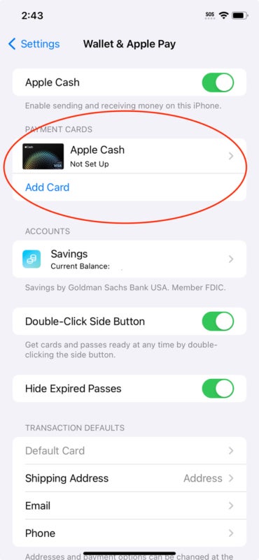 Wallet & Apple Pay setting with Payment Cards options on highlight.