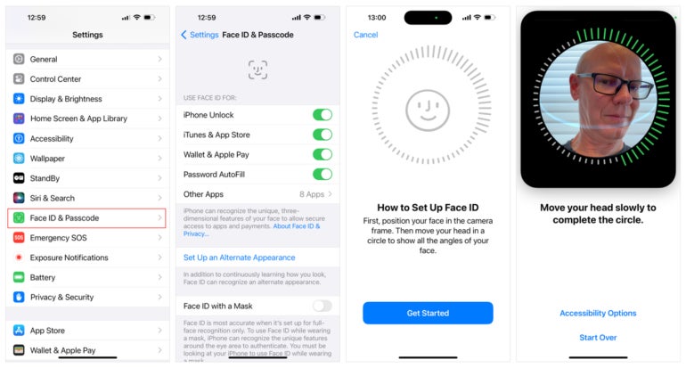 Series of images on how to configure Face ID options.