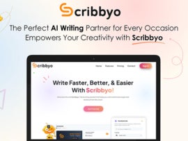 Promotional graphic for Scribbyo, laptop screen with Scribbyo webpage on display.