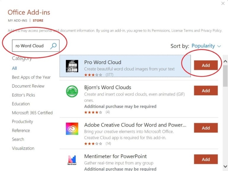 Office Add-ins interface with the Search bar and Add button on highlight.
