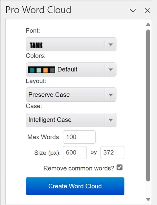 Pro Word Cloud tools interface.