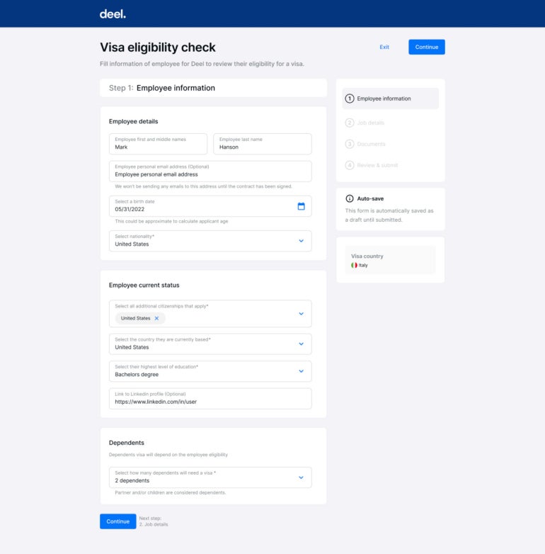 Visa eligibility check interface in Deel.