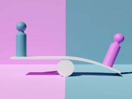 Blue and pink figures on scale in imbalance on pink and blue background.