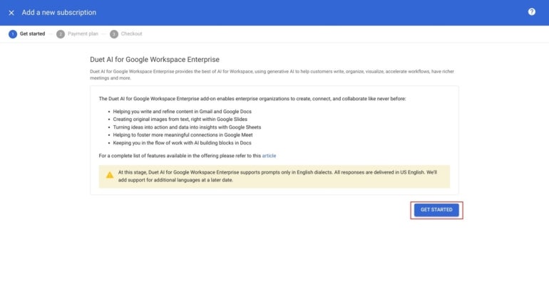Review the brief description of Duet AI, then select the Get Started button.