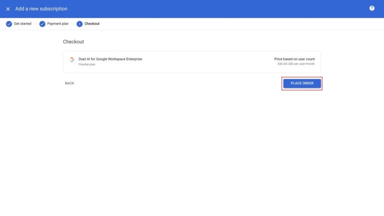 Select the Place Order button. This enables the Duet AI license as an option for your account; however, no charges will occur yet, as no licenses have been assigned.