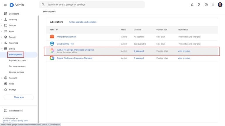 Duet AI for Google Workspace Enterprise should now display as a subscription option.