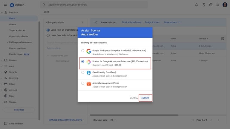 Choose Duet AI from the available licenses and then Assign.