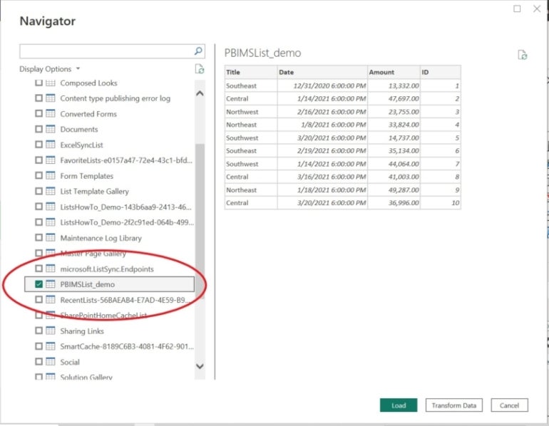 Select the Microsoft Lists file you want to use in Power BI.