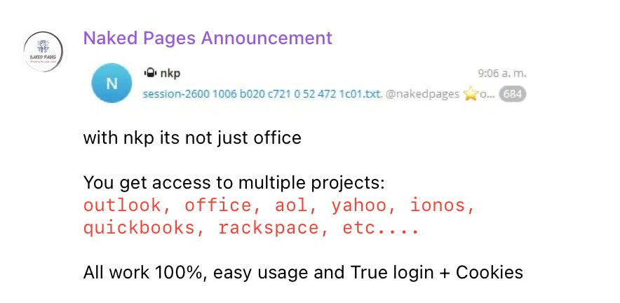 Example of an announcement on the NakedPages Telegram channel.