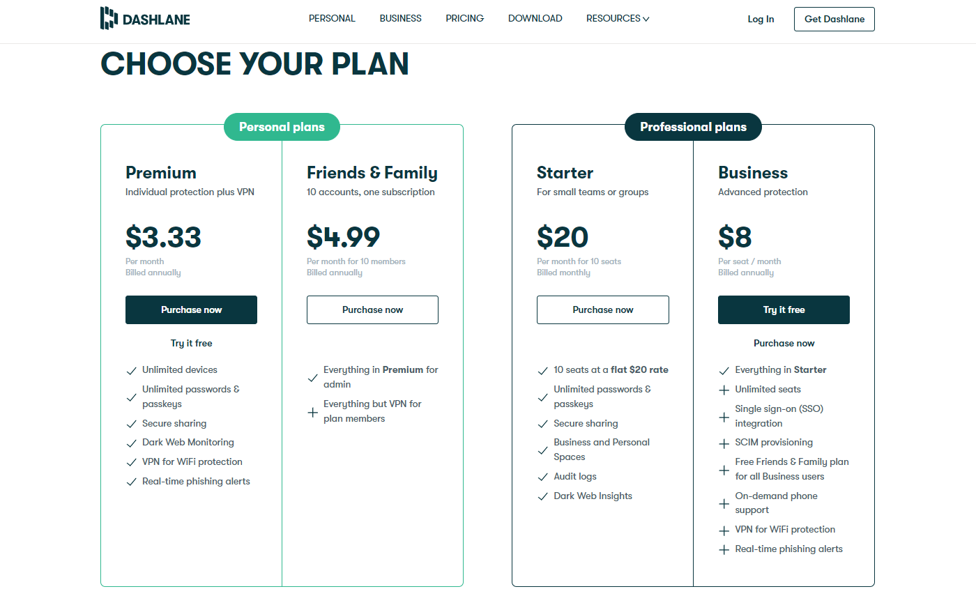 Screenshot of Dashlane subscriptions