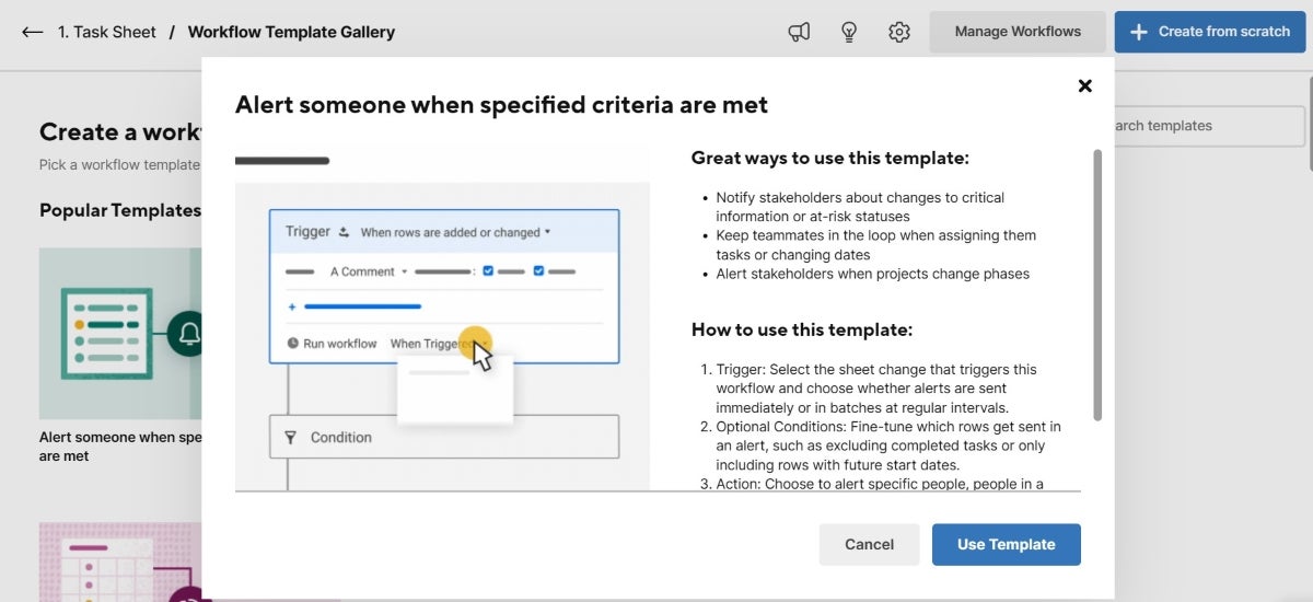 Screenshot of Smartsheet workflow automation.