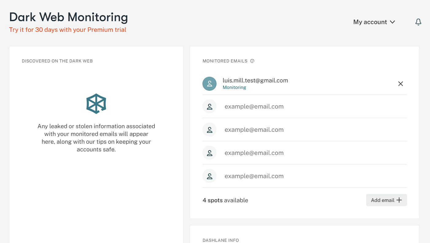 Screenshot of Dark Web Monitoring of Dashlane.