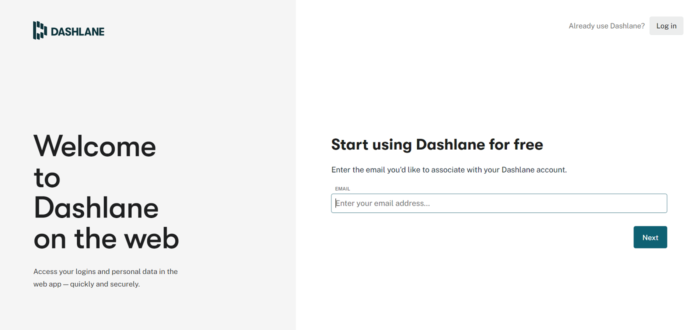 Screenshot of entering an email address for Dashlane.