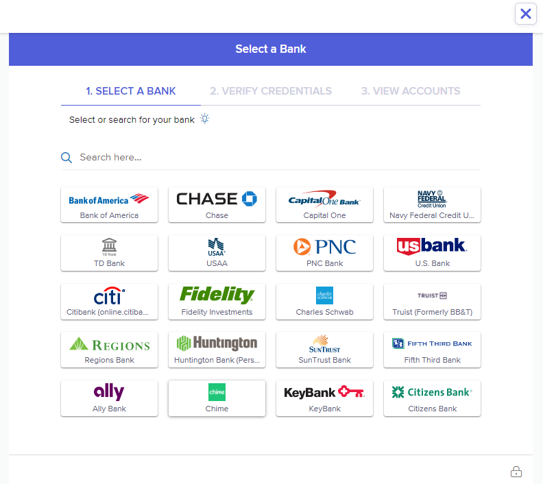 Screenshot of Neat financial institutions.