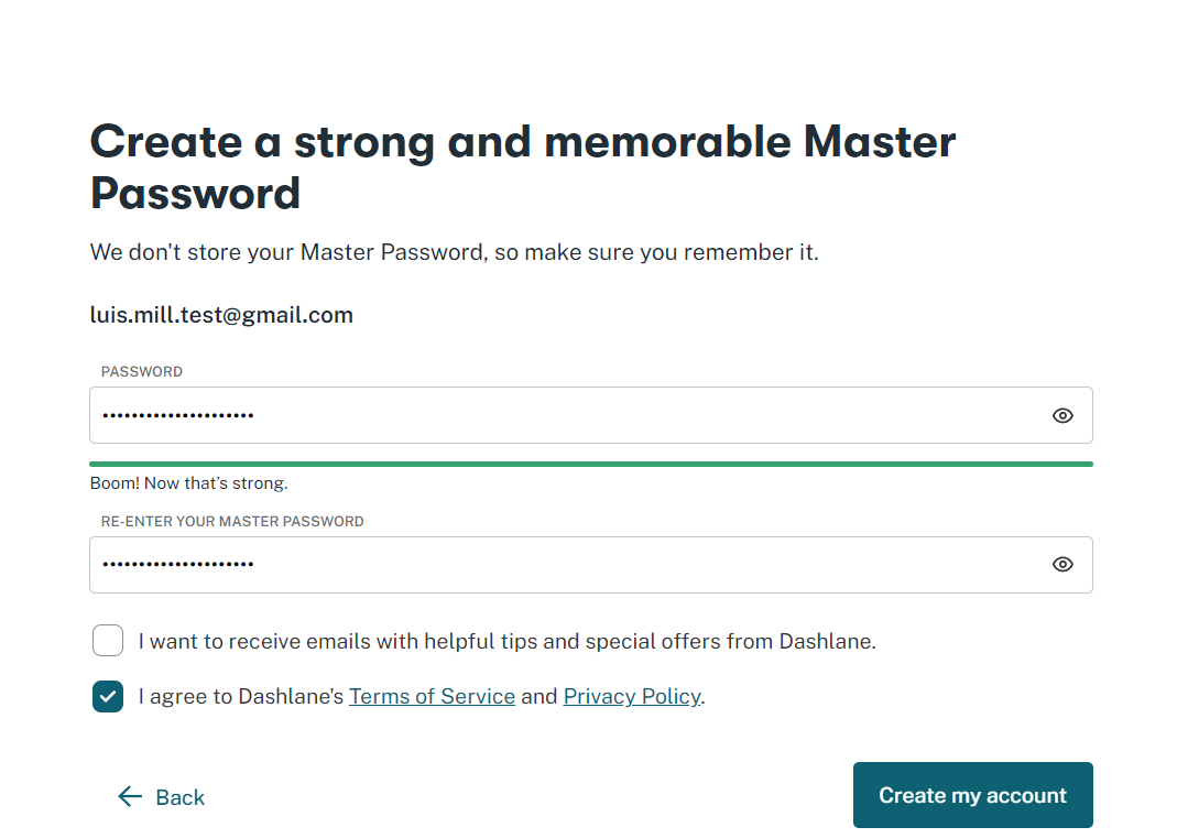 Screenshot of master password for Dashlane.