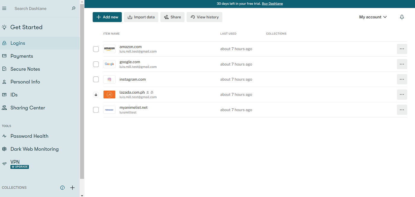 Screenshot of Dashlane main web app dashboard.