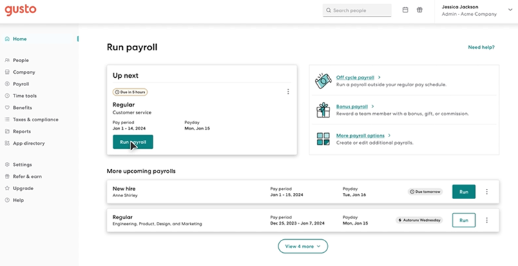 Screenshot of Gusto payroll dashboard.