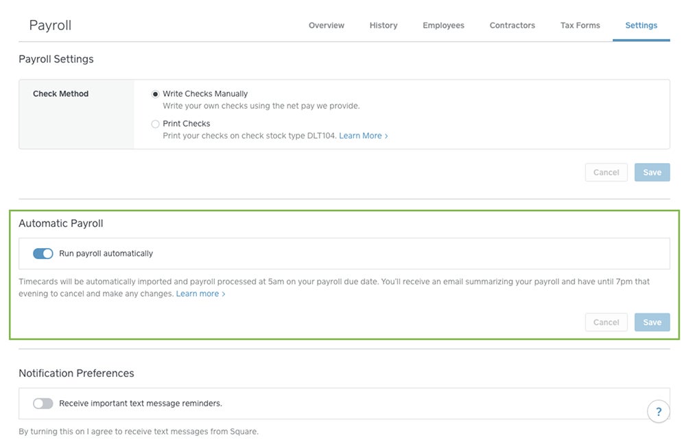 Screenshot of Square automatic payroll.