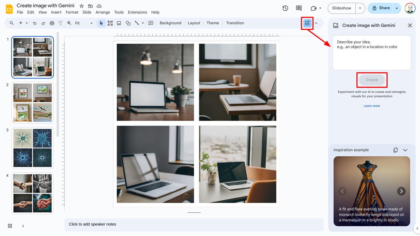 Select the Gemini icon in Google Slides on the web, then enter a text prompt and select Create to generate images.