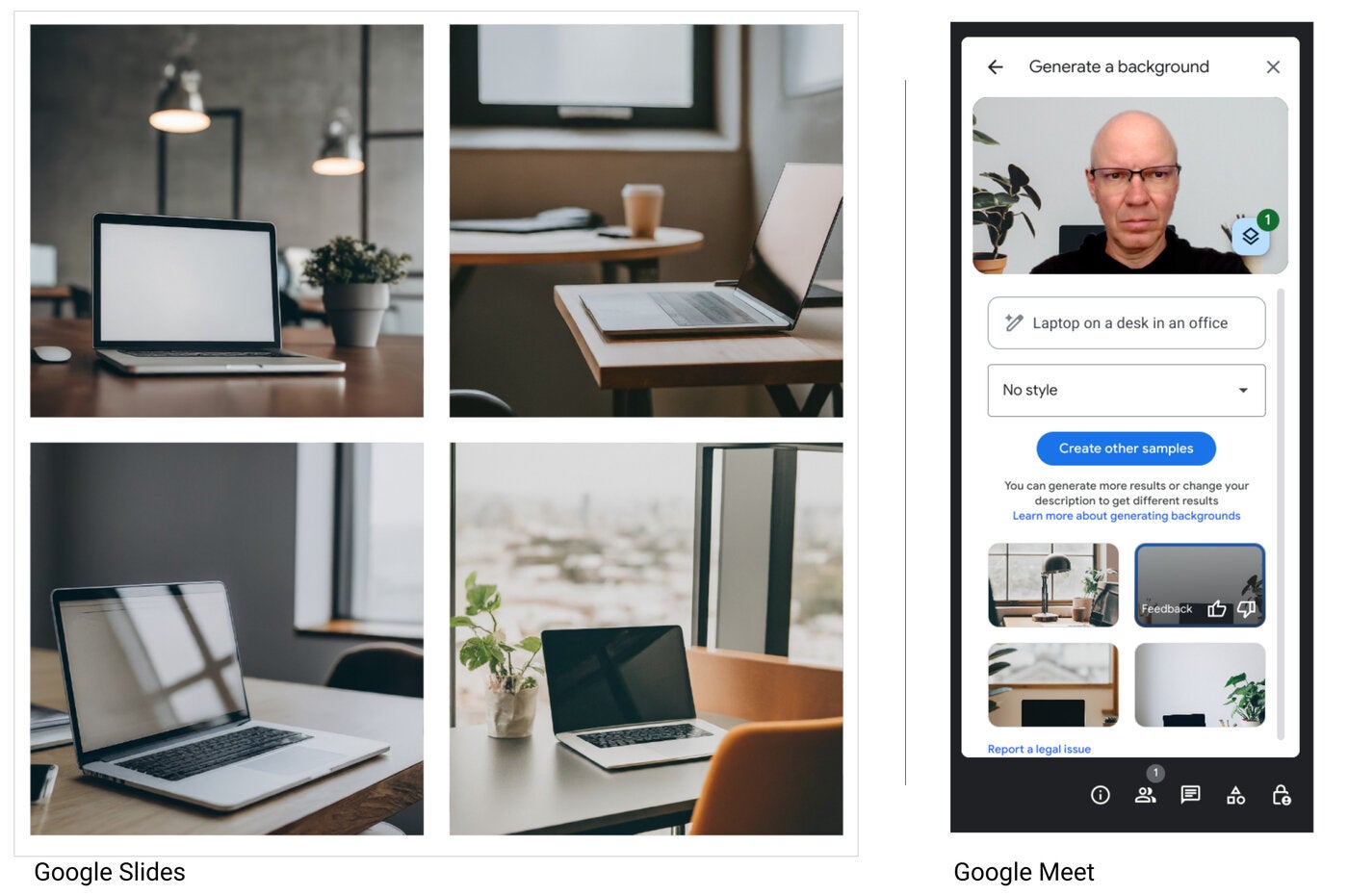 Imágenes de portátiles generadas por Gemini en Presentaciones de Google (izquierda) y Google Meet (derecha)