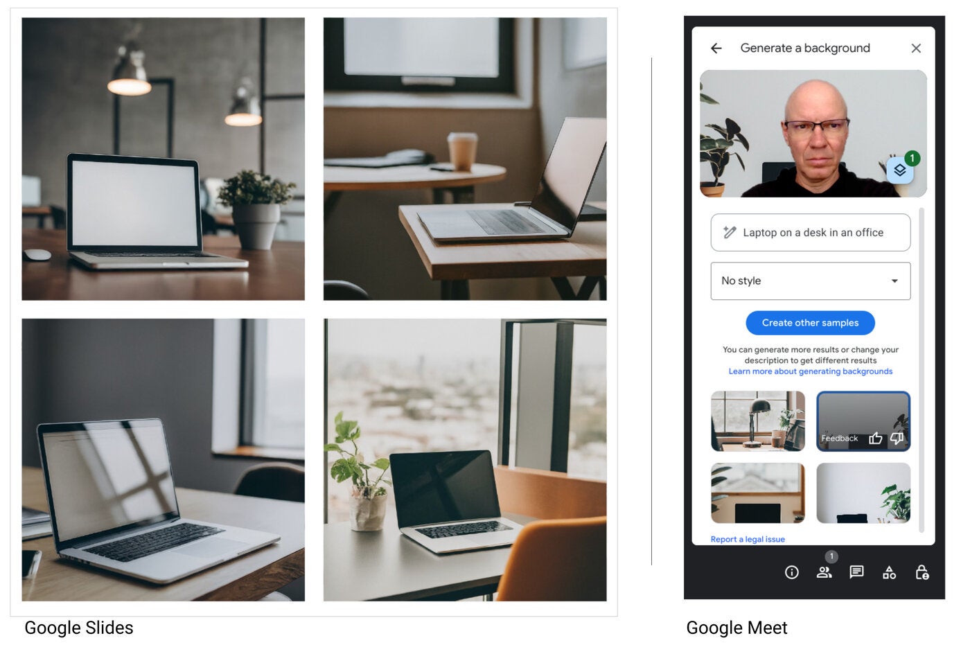 Laptop images generated by Gemini successful  Google Slides (left) and Google Meet (right)