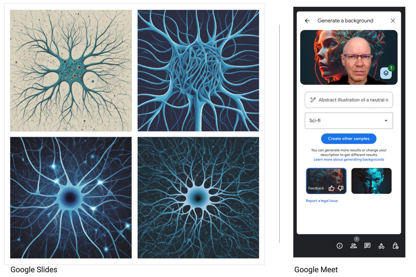 Imágenes de ilustraciones abstractas generadas por Gemini en Google Slides (izquierda) y Google Meet (derecha).