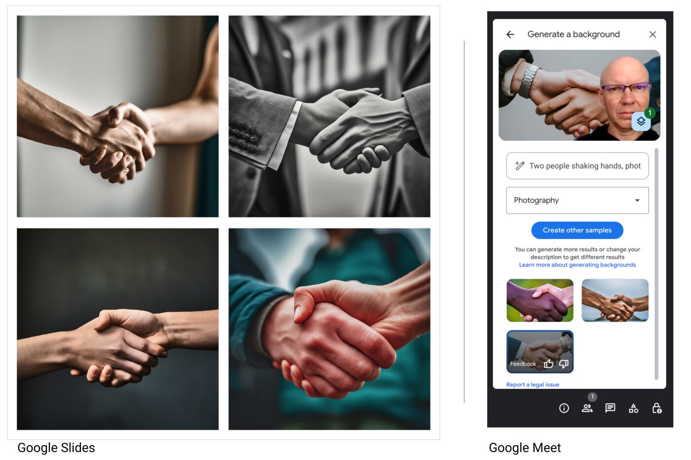 Gemini-generated handshake images in Google Slides (left) and Google Meet (right).