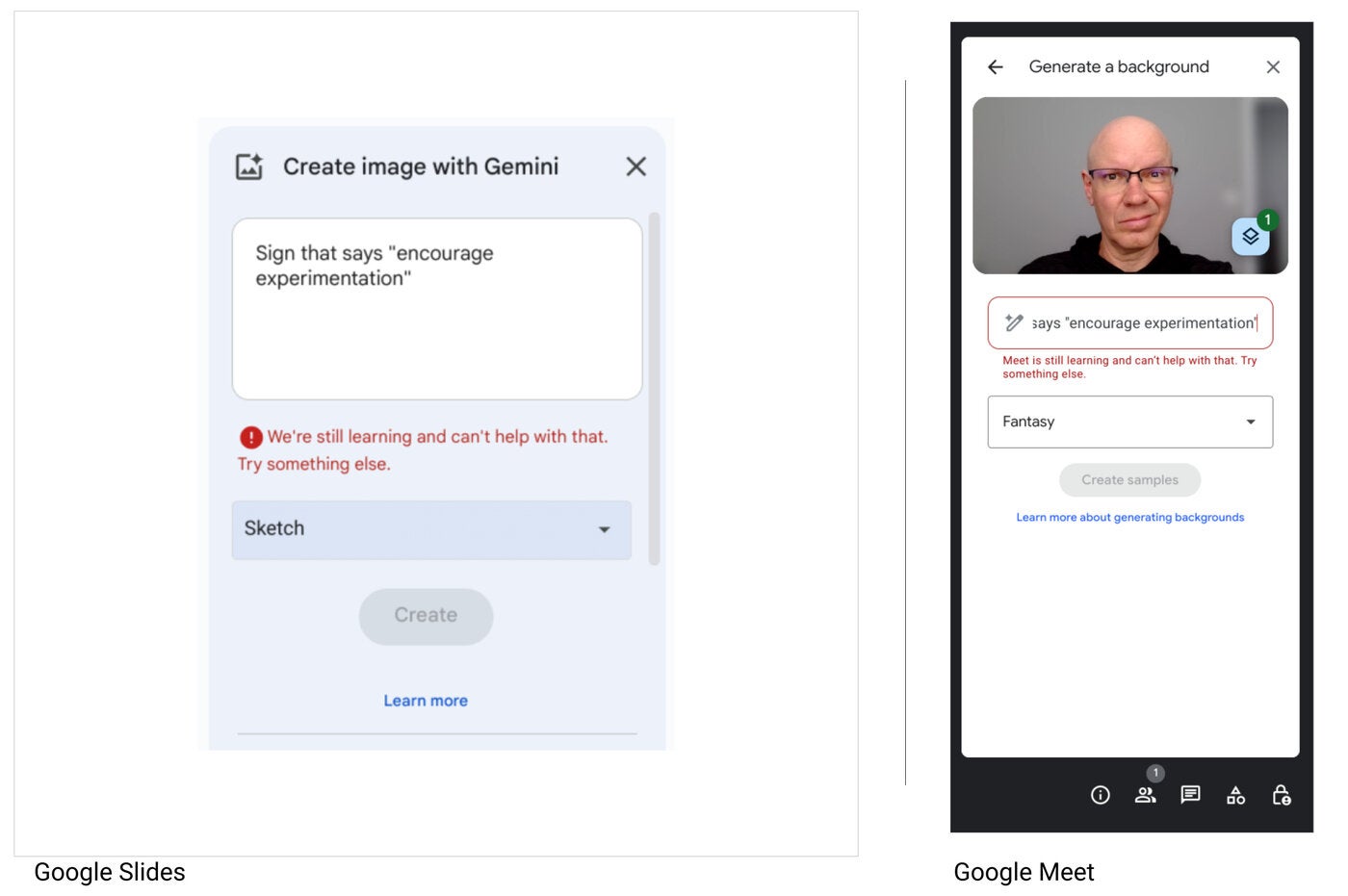 A partir de marzo de 2024, Gemini se niega a generar carteles con texto tanto en Google Slides (izquierda) como en Google Meet (derecha).