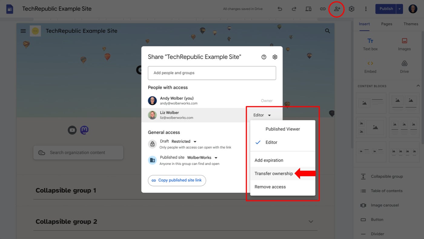 Site share person transfer ownership.