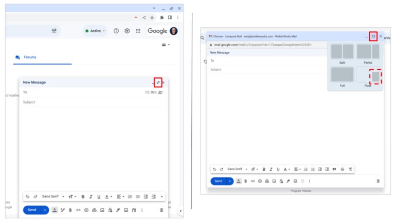 You can make the Gmail compose window into a float window: Hold down the shift key and select the pop-out arrow (left), then select the window control icon and choose float (right). 