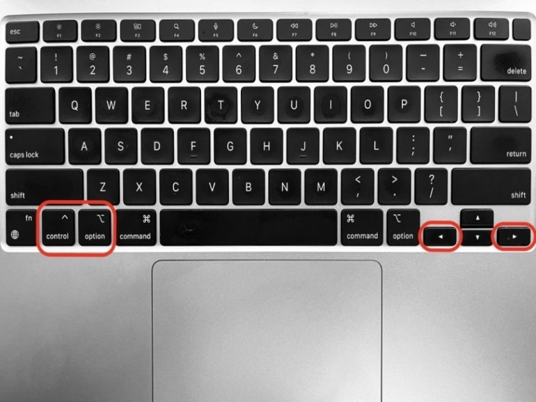 Laptop keypad with control, option and left and right directional keys on highlight.