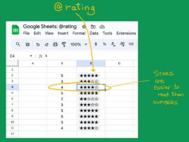 Screen capture of Google Sheets with star rating and scribbled notes.