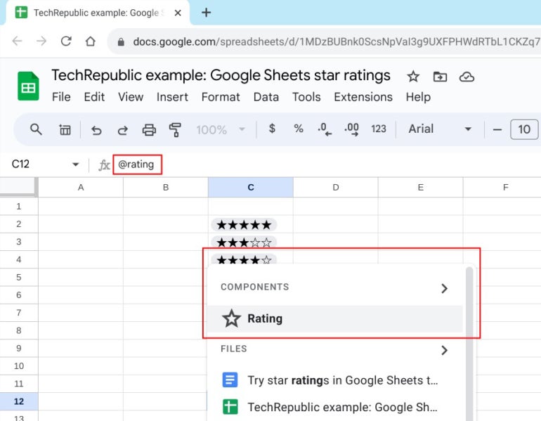 In Google Sheets on the web, use the @rating smart chip to format a cell for star ratings.