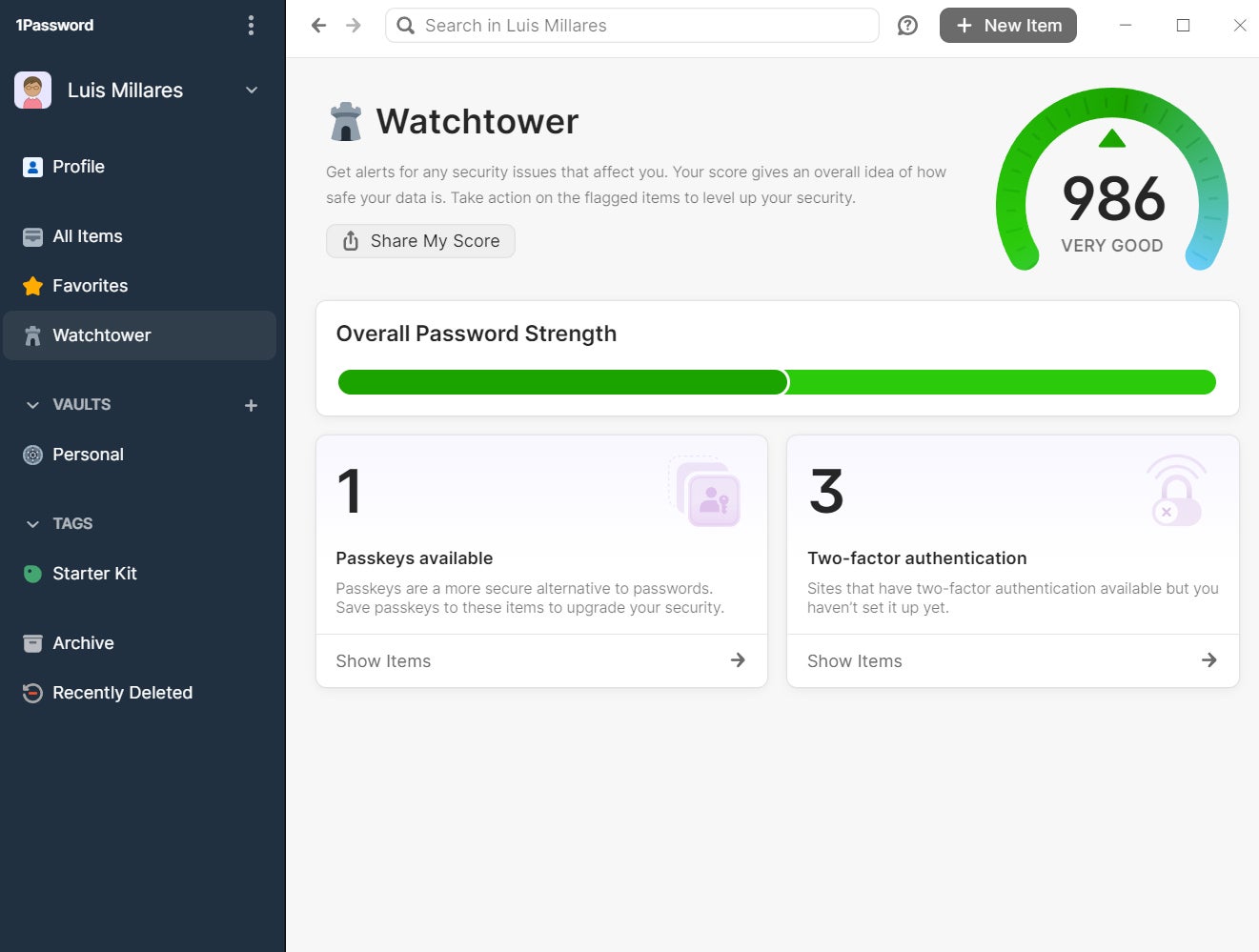 1Password’s Watchtower password health feature.