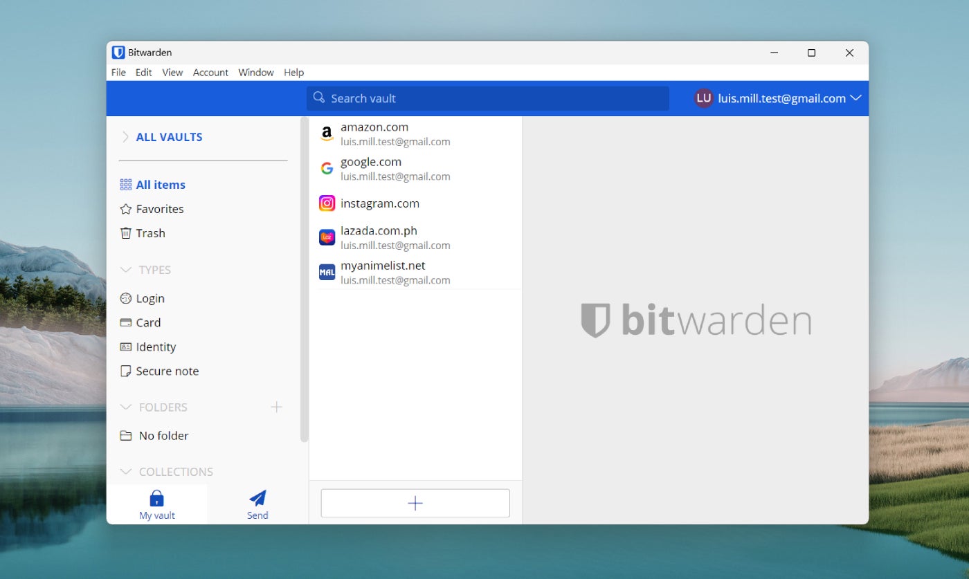 Bitwarden’s desktop dashboard.