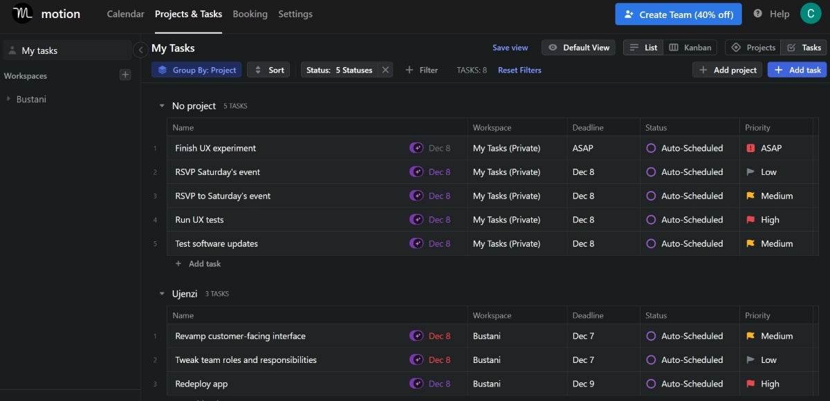 Screenshot of Motion task view of projects and tasks.