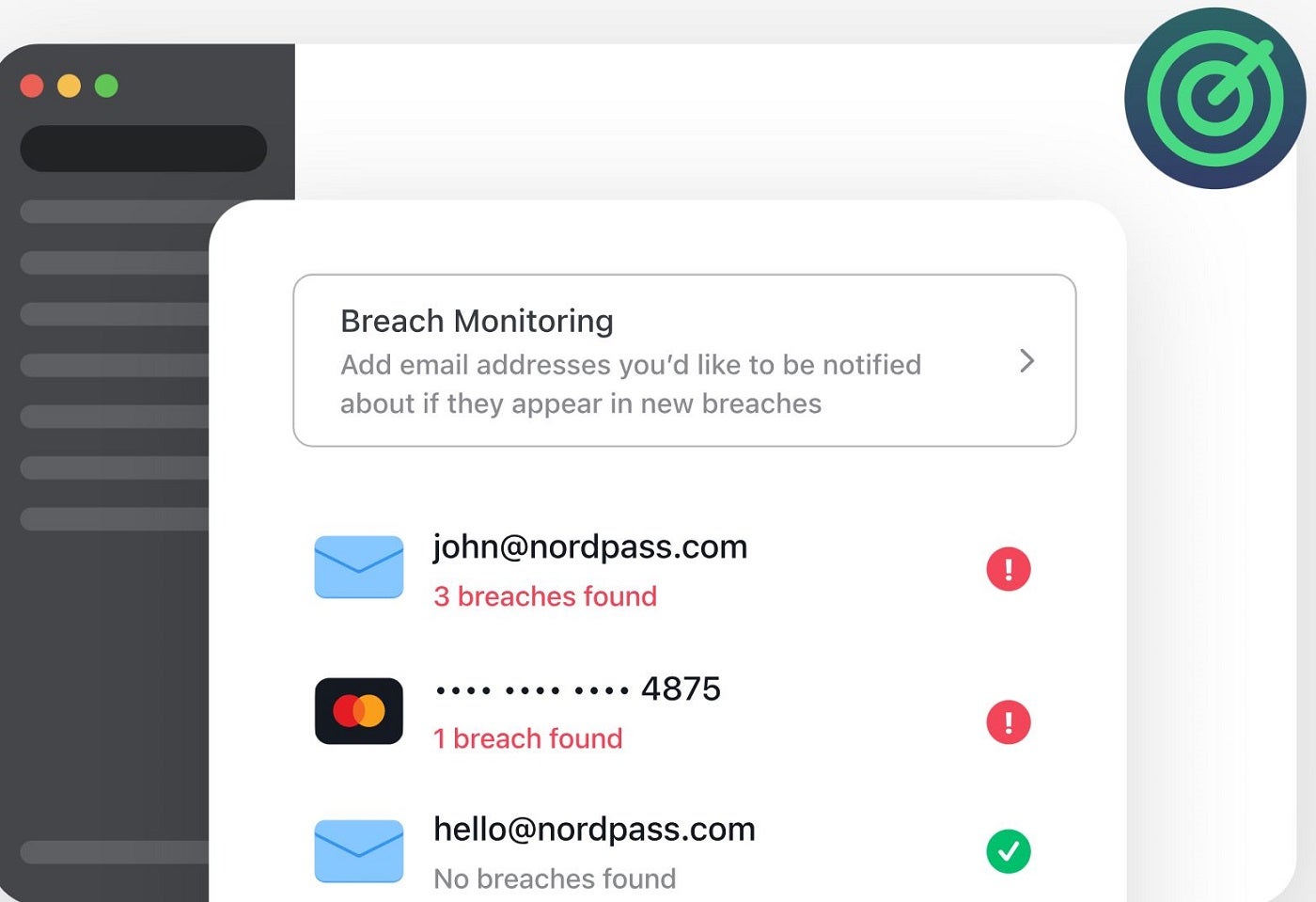 Screenshot of NordPass breach monitoring.