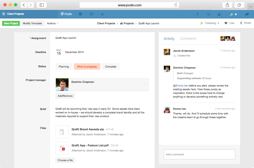 Screenshot of Podio communication and collaboration.