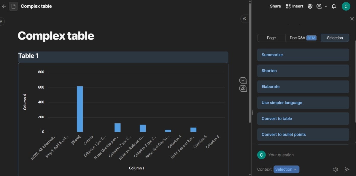 Coda AI options available to my table in chart view.