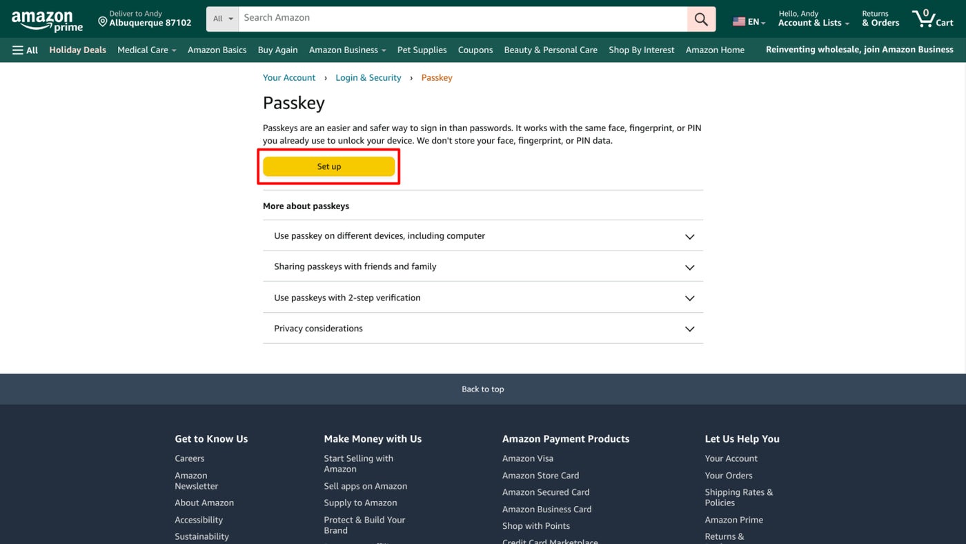 Amazon Add Passkey button.
