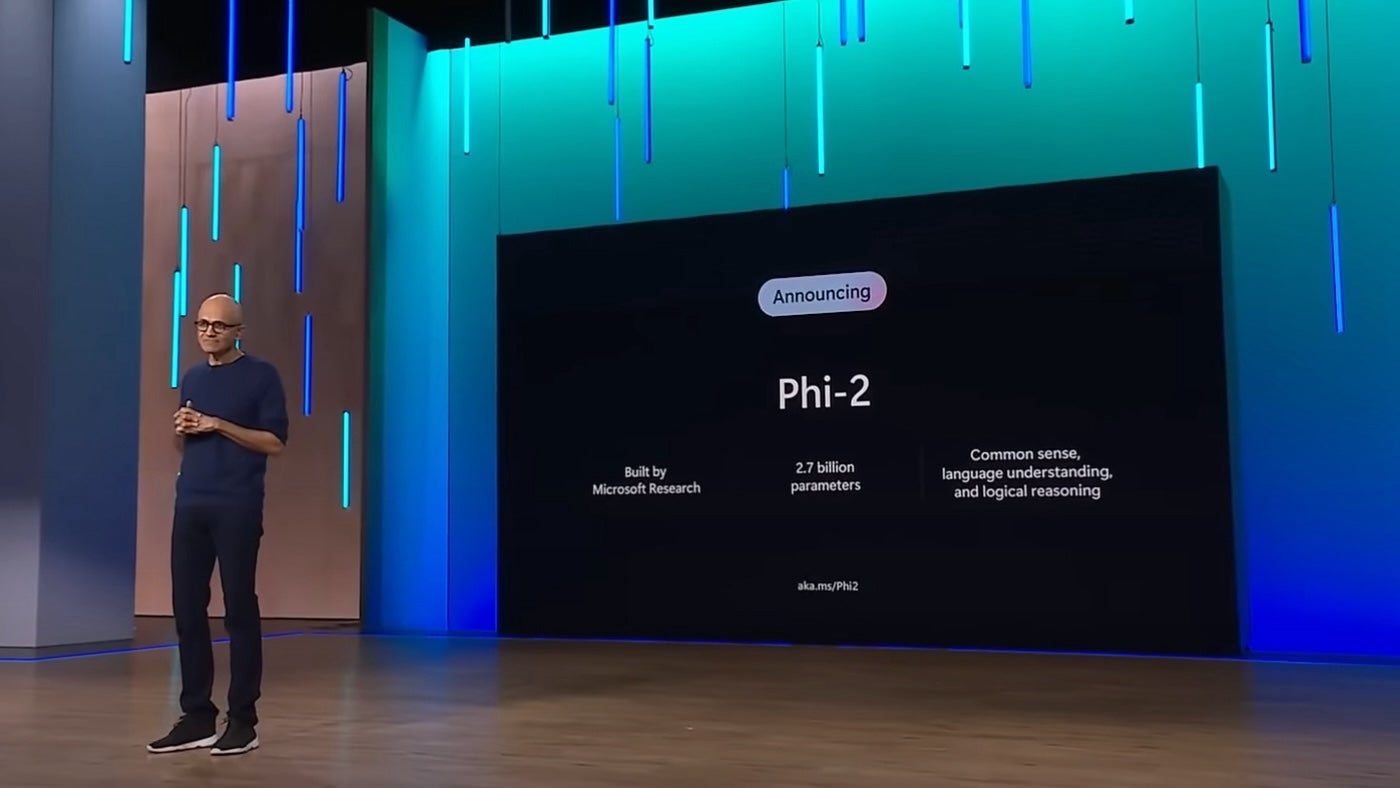 Satya Nadella announcing Phi-2 at Microsoft Ignite 2023.