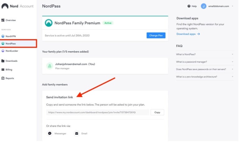 Sharing invitation link on NordPass.