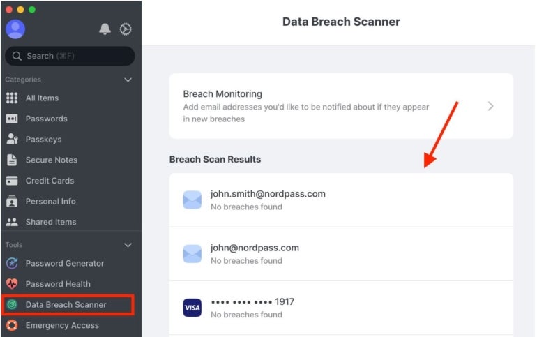 NordPass Data Breach Scanner.